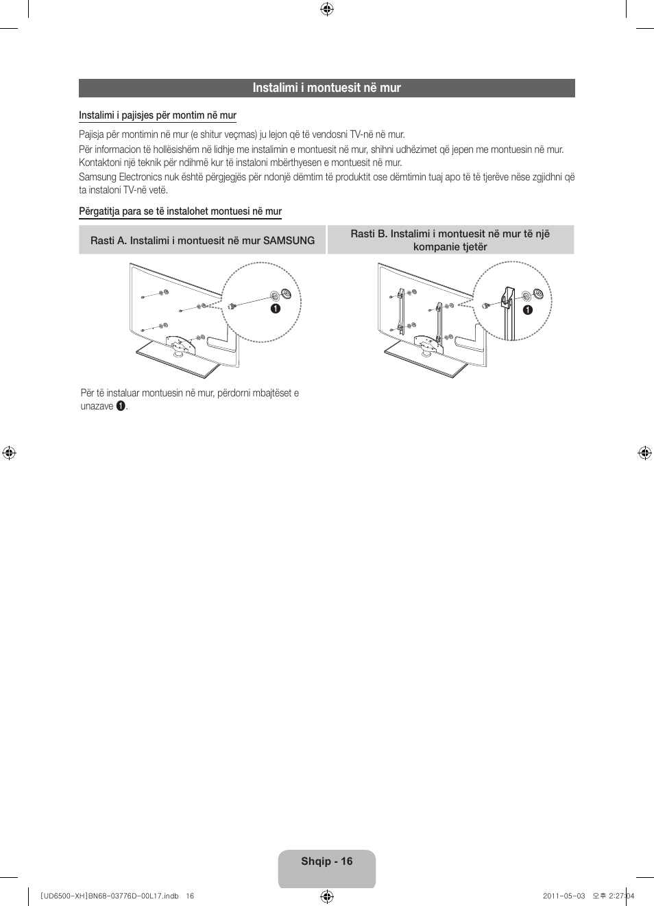 Instalimi i montuesit në mur | Samsung UE46D6570WS User Manual | Page 216 / 342