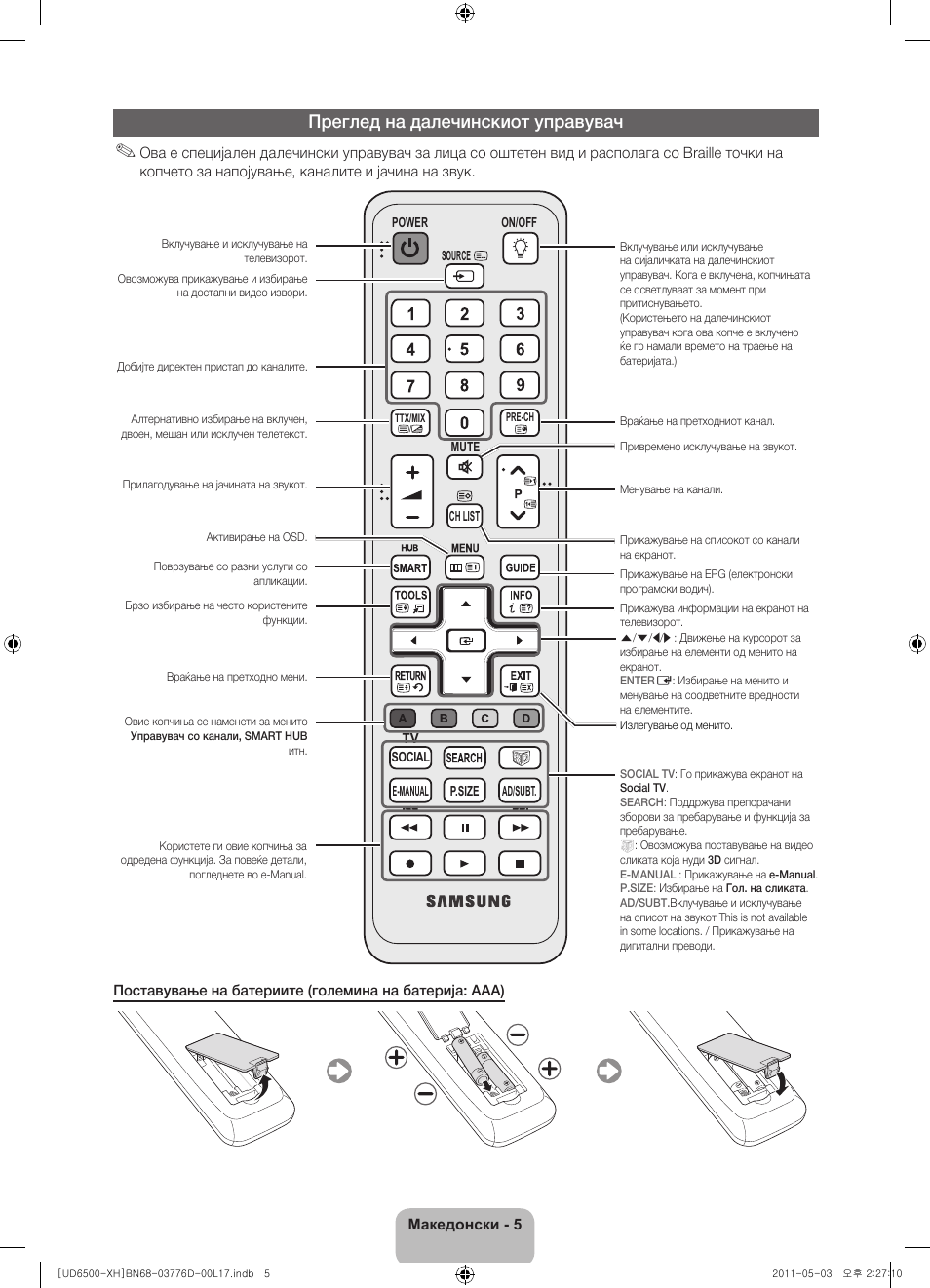 Преглед на далечинскиот управувач | Samsung UE46D6570WS User Manual | Page 225 / 342