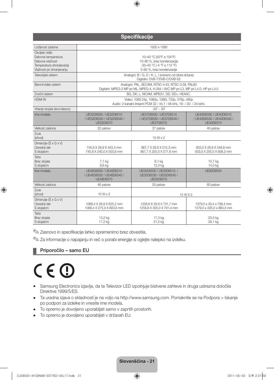 Specifikacije, Priporočilo – samo eu | Samsung UE46D6570WS User Manual | Page 261 / 342