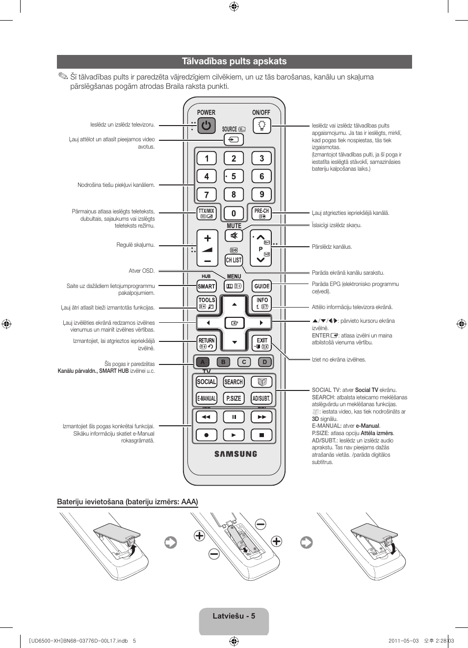 Tālvadības pults apskats | Samsung UE46D6570WS User Manual | Page 265 / 342