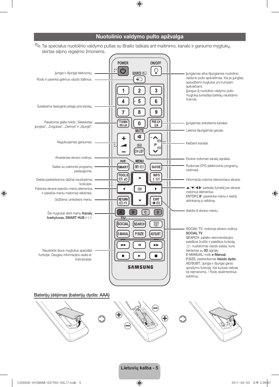 Nuotolinio valdymo pulto apžvalga | Samsung UE46D6570WS User Manual | Page 285 / 342