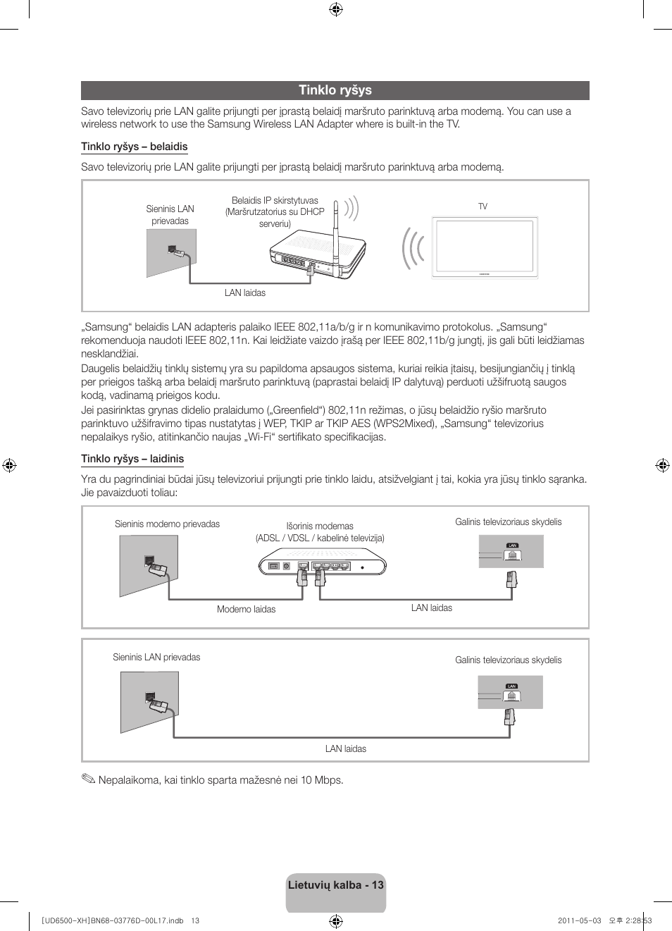 Tinklo ryšys | Samsung UE46D6570WS User Manual | Page 293 / 342