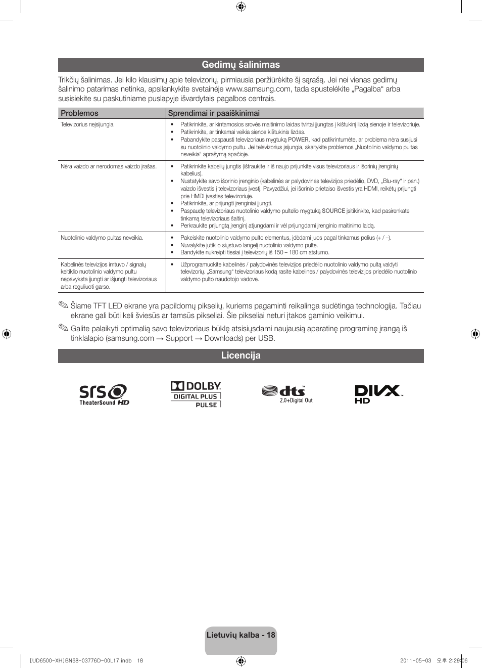 Gedimų šalinimas, Licencija | Samsung UE46D6570WS User Manual | Page 298 / 342