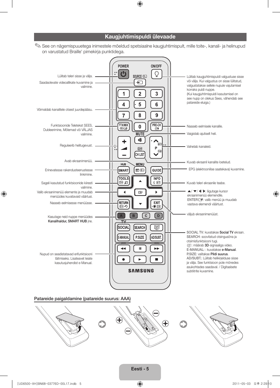 Kaugjuhtimispuldi ülevaade | Samsung UE46D6570WS User Manual | Page 305 / 342