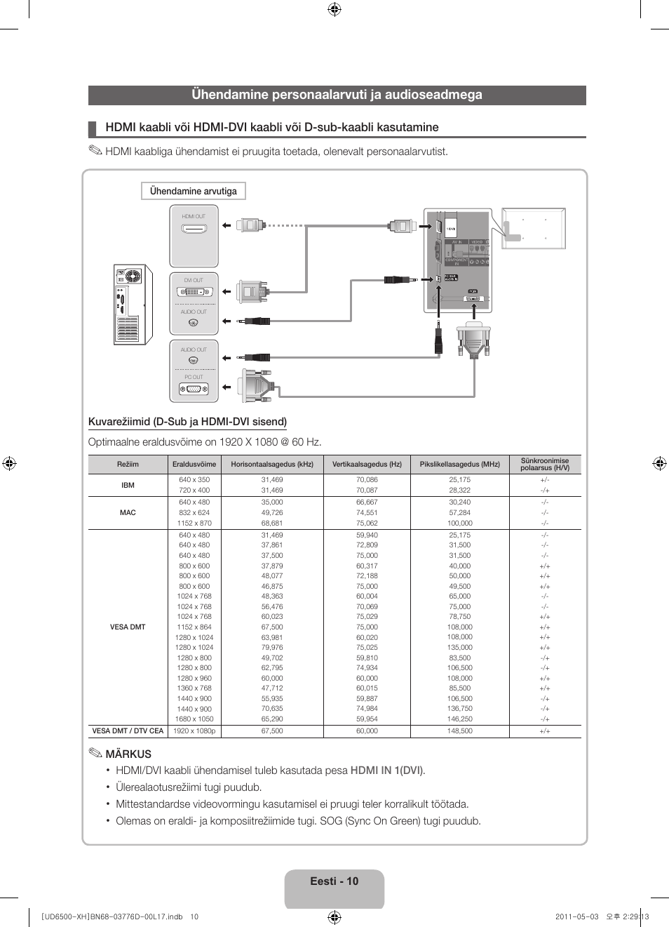 Ühendamine personaalarvuti ja audioseadmega | Samsung UE46D6570WS User Manual | Page 310 / 342
