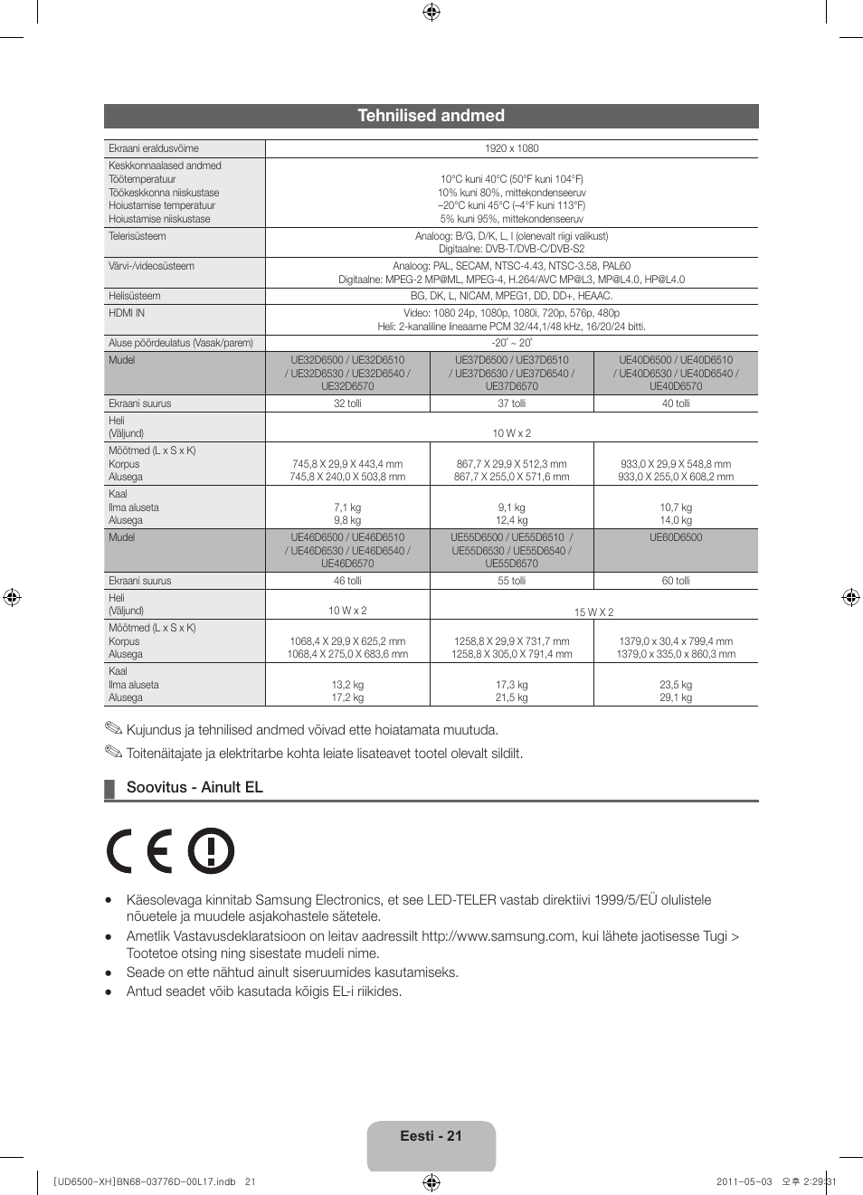 Tehnilised andmed, Soovitus - ainult el | Samsung UE46D6570WS User Manual | Page 321 / 342