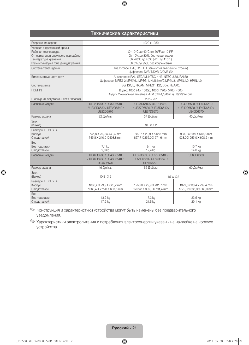 Технические характеристики | Samsung UE46D6570WS User Manual | Page 341 / 342