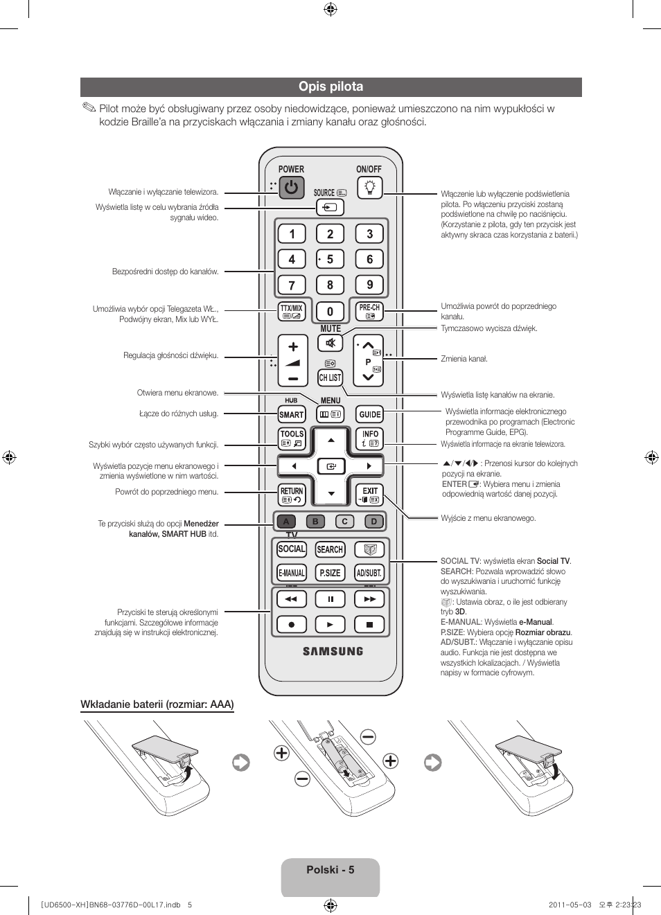 Opis pilota | Samsung UE46D6570WS User Manual | Page 45 / 342