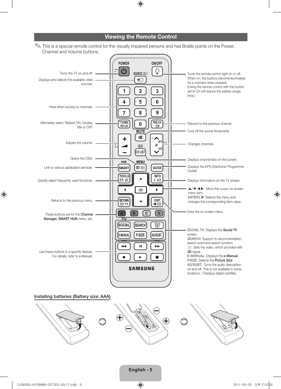 Viewing the remote control | Samsung UE46D6570WS User Manual | Page 5 / 342