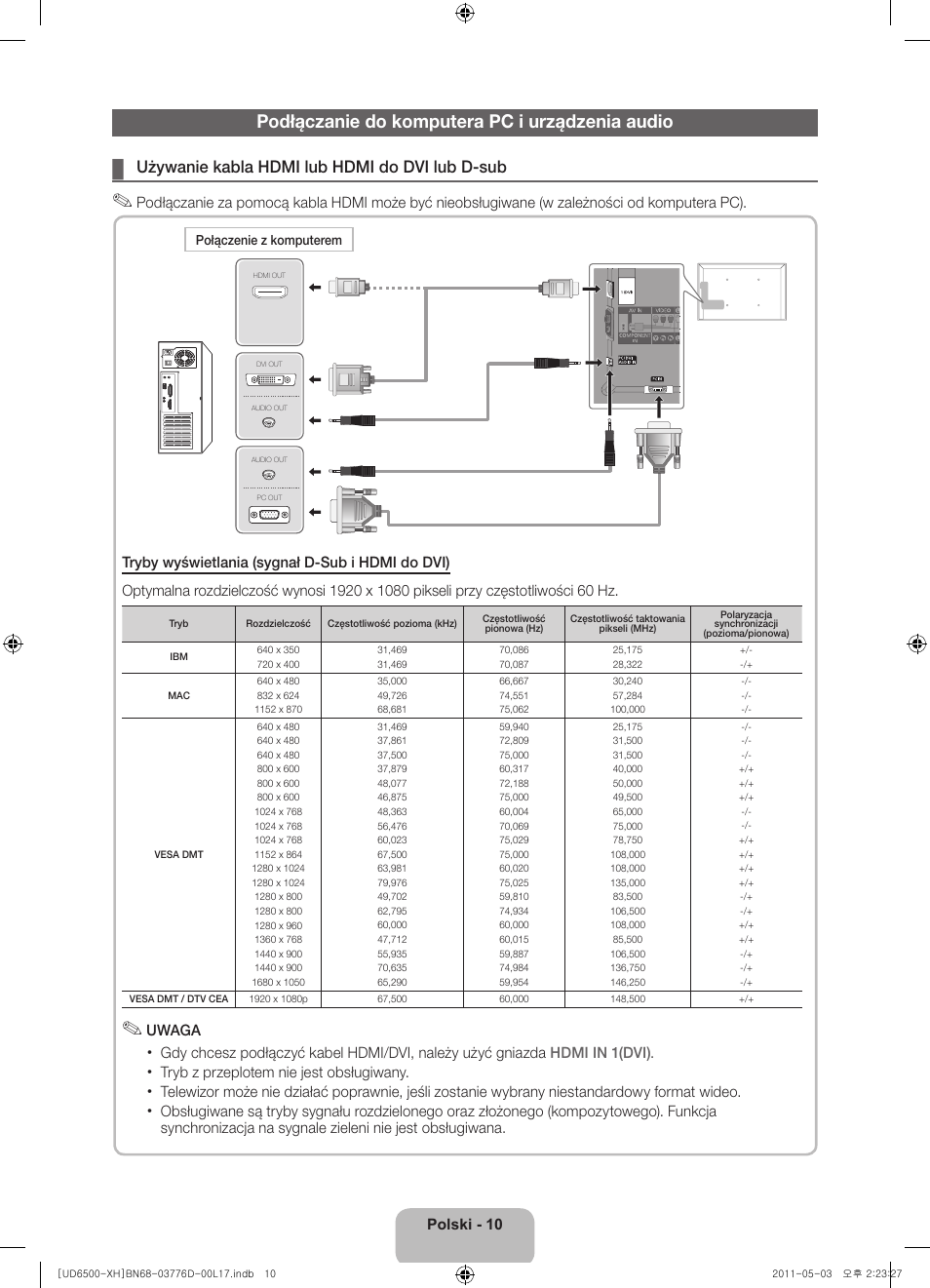 Podłączanie do komputera pc i urządzenia audio, Używanie kabla hdmi lub hdmi do dvi lub d-sub | Samsung UE46D6570WS User Manual | Page 50 / 342