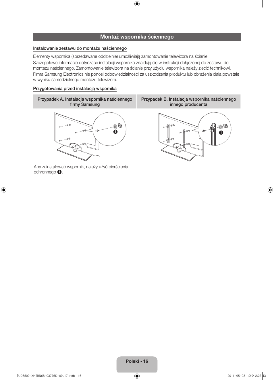 Montaż wspornika ściennego | Samsung UE46D6570WS User Manual | Page 56 / 342