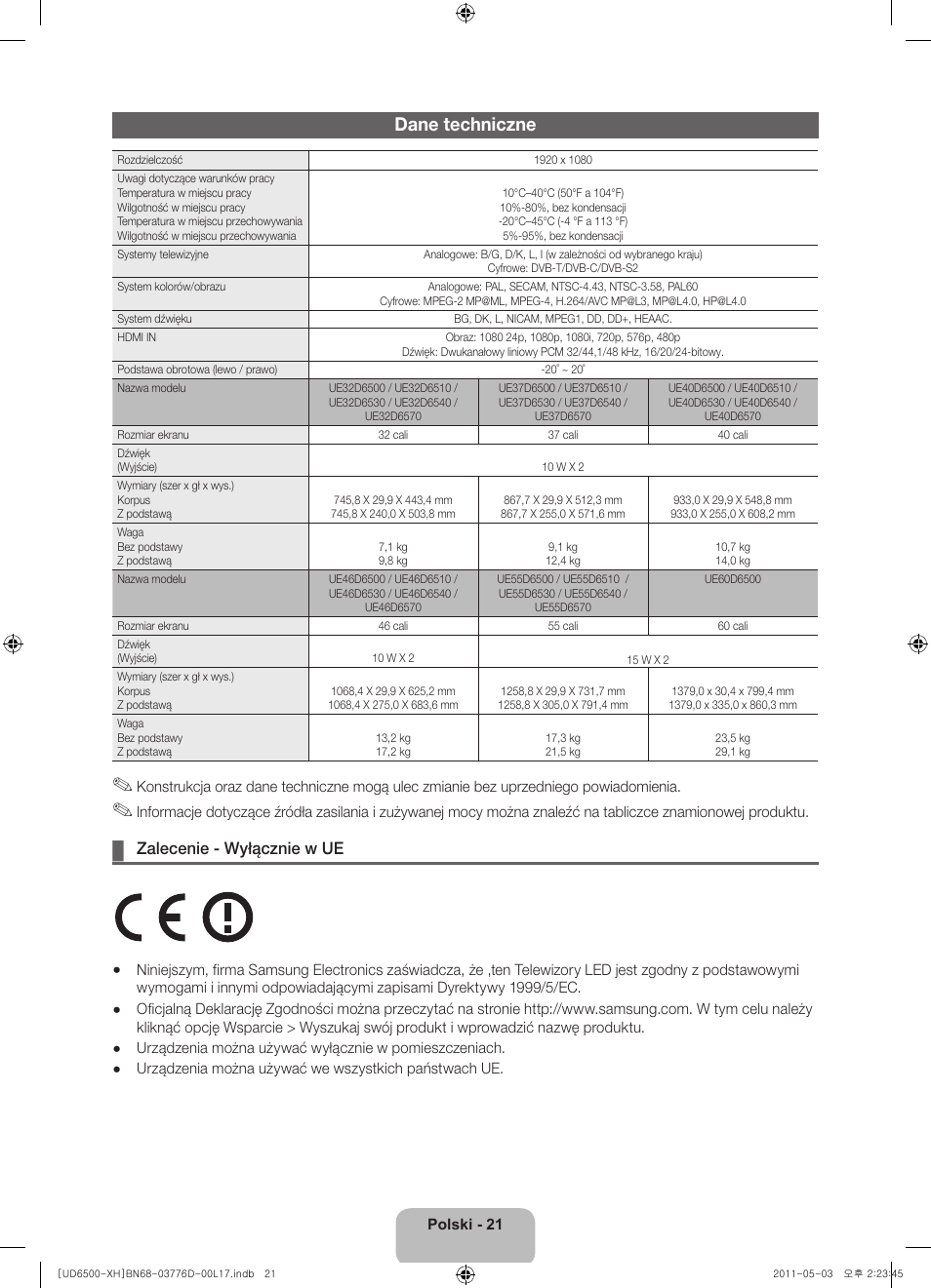 Dane techniczne, Zalecenie - wyłącznie w ue | Samsung UE46D6570WS User Manual | Page 61 / 342