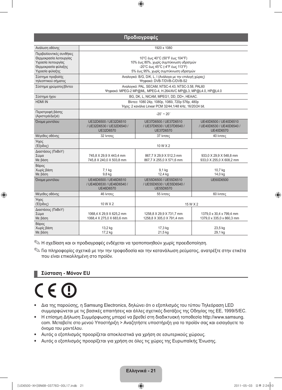 Προδιαγραφές, Σύσταση - μόνον eu | Samsung UE46D6570WS User Manual | Page 81 / 342