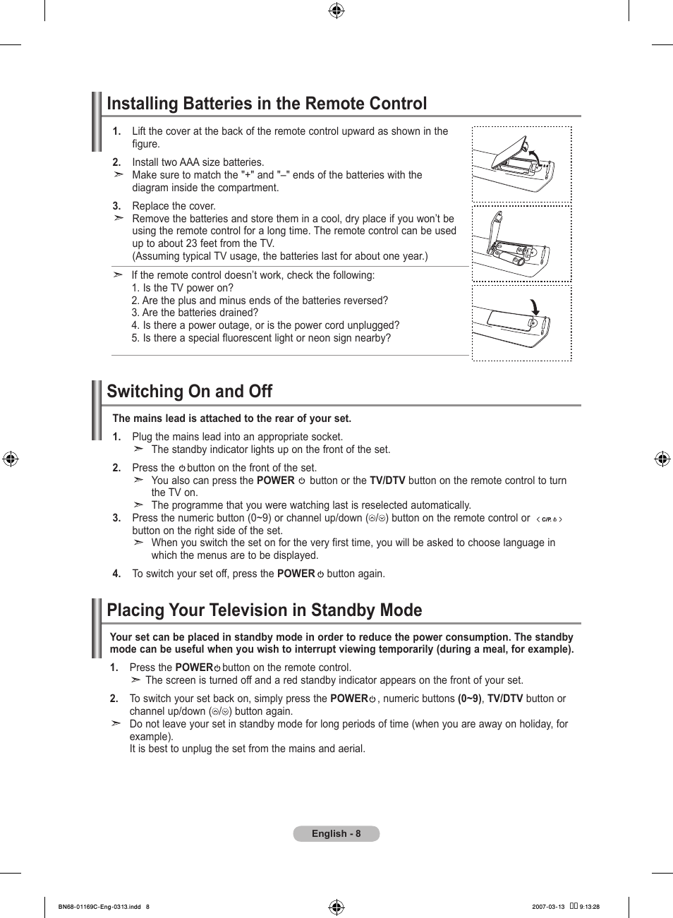 Installing batteries in the remote control, Switching on and off, Placing your television in standby mode | Samsung LE40R88BD User Manual | Page 10 / 560