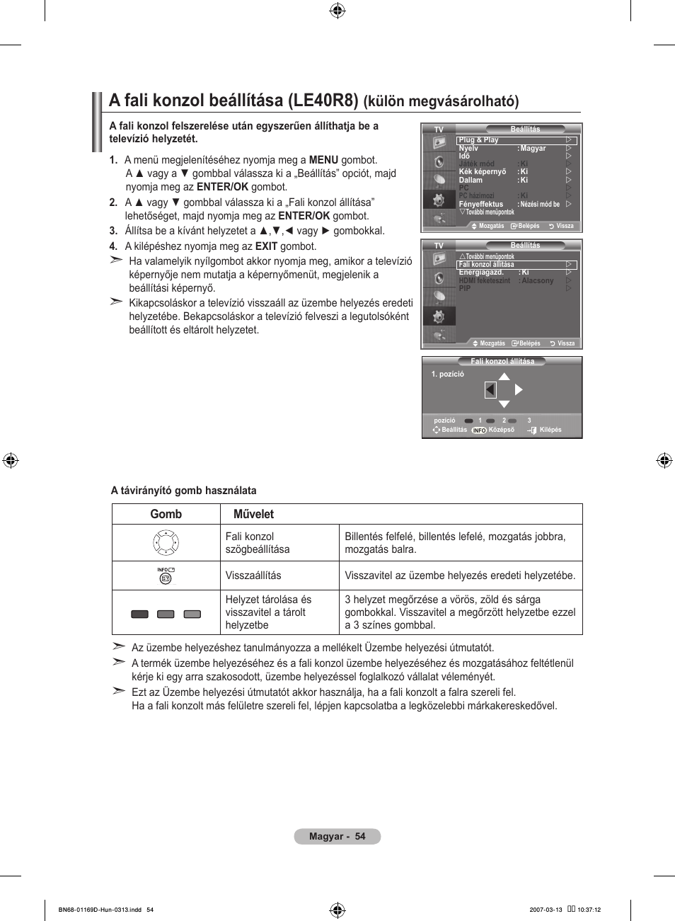 A fali konzol beállítása (le40r8), Külön megvásárolható), Gomb művelet | Samsung LE40R88BD User Manual | Page 118 / 560