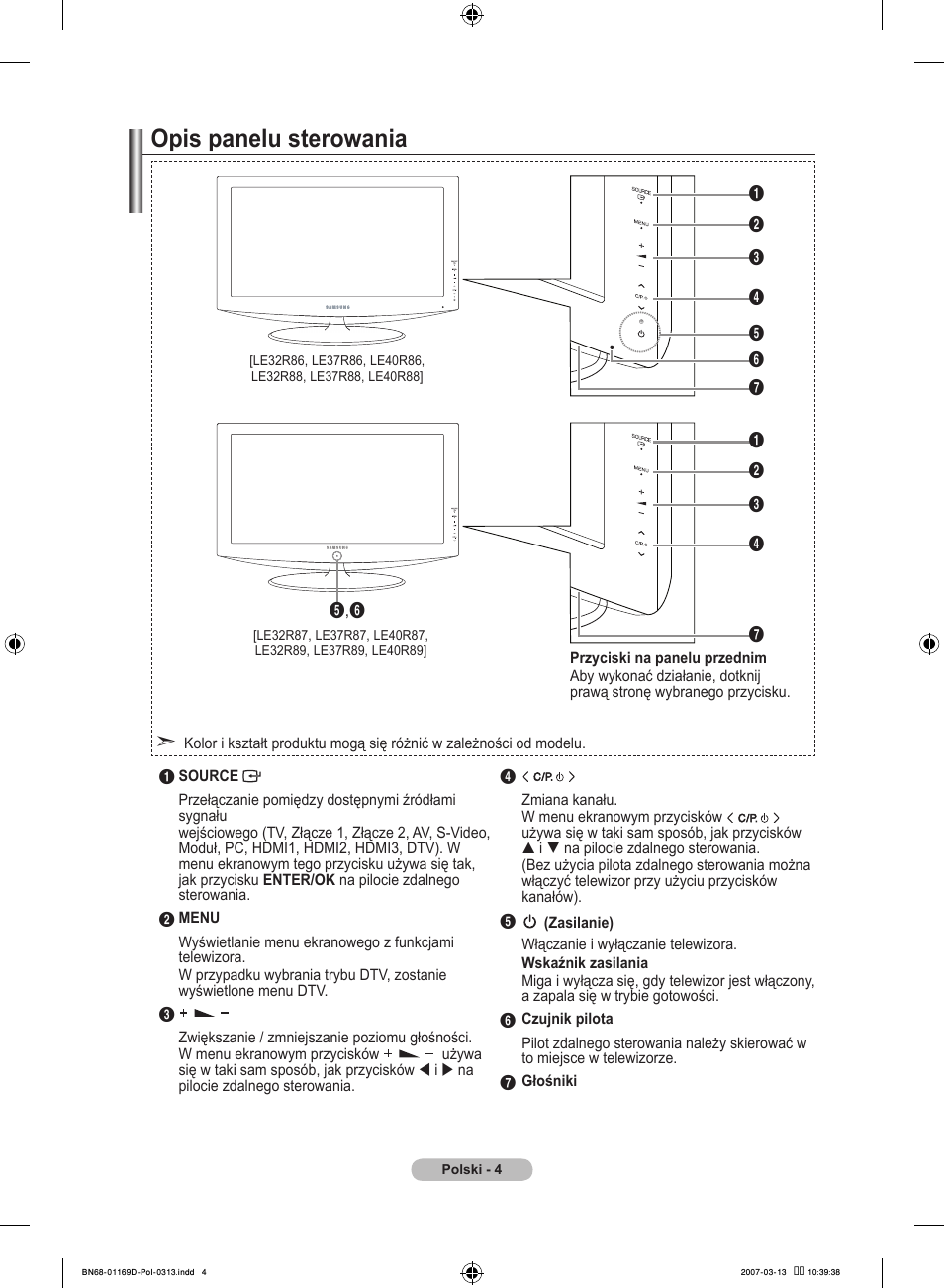 Opis panelu sterowania | Samsung LE40R88BD User Manual | Page 130 / 560