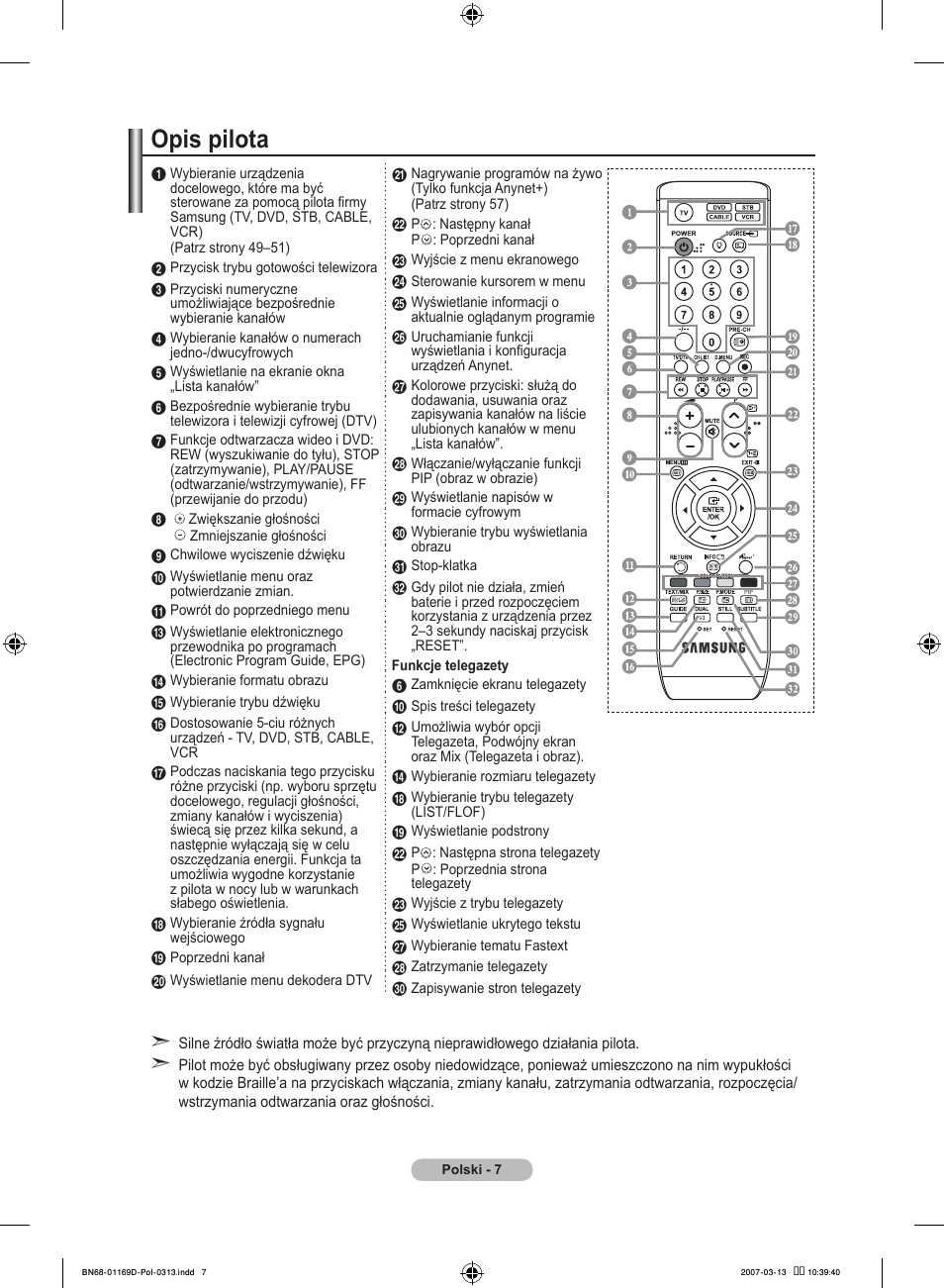 Opis pilota | Samsung LE40R88BD User Manual | Page 133 / 560