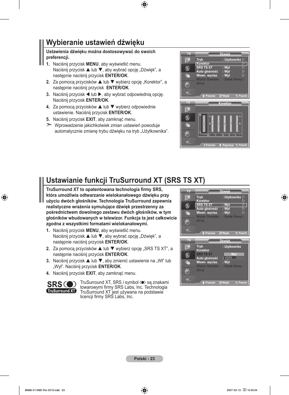 Wybieranie ustawień dźwięku, Ustawianie funkcji trusurround xt (srs ts xt) | Samsung LE40R88BD User Manual | Page 149 / 560