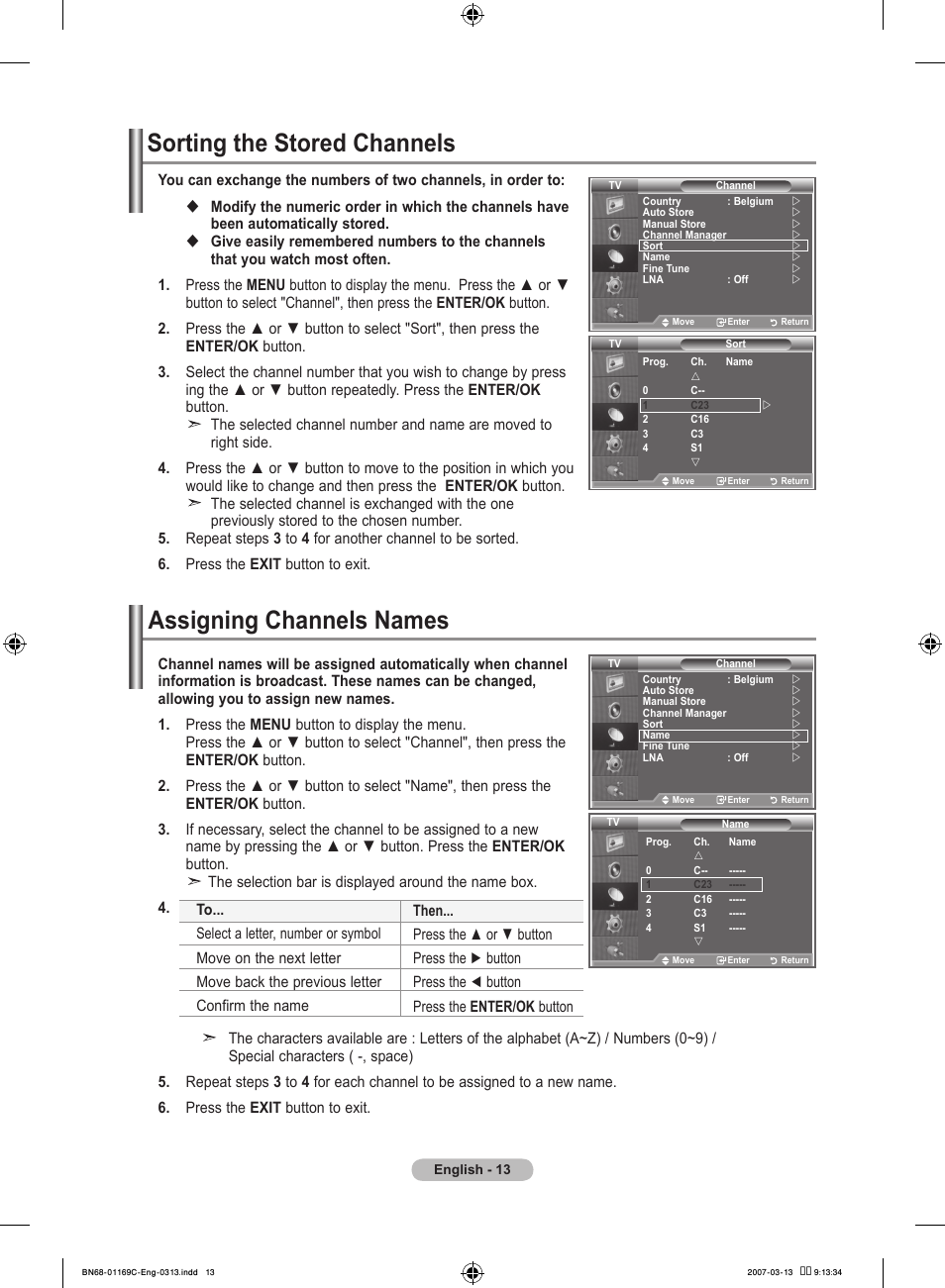 Sorting the stored channels, Assigning channels names | Samsung LE40R88BD User Manual | Page 15 / 560