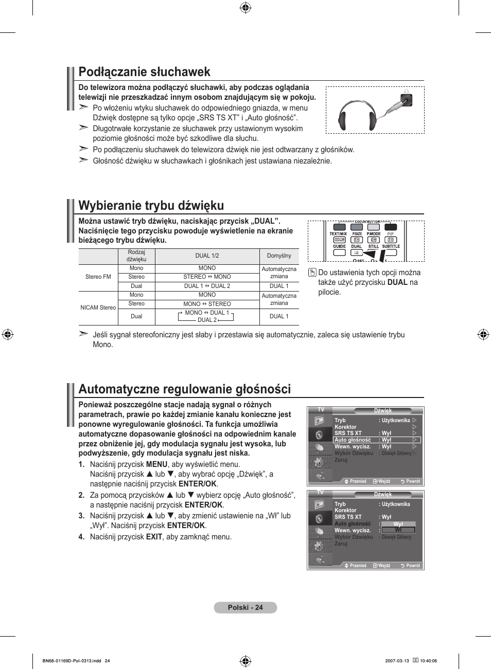 Podłączanie słuchawek, Wybieranie trybu dźwięku, Automatyczne regulowanie głośności | Samsung LE40R88BD User Manual | Page 150 / 560