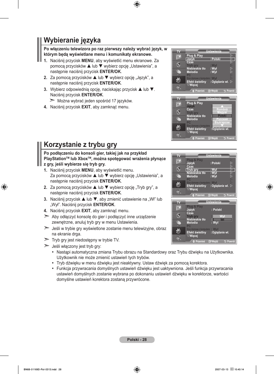 Wybieranie języka, Korzystanie z trybu gry | Samsung LE40R88BD User Manual | Page 154 / 560