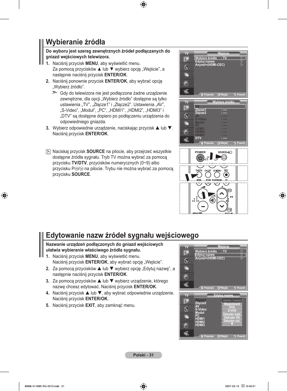 Wybieranie źródła, Edytowanie nazw źródeł sygnału wejściowego | Samsung LE40R88BD User Manual | Page 157 / 560