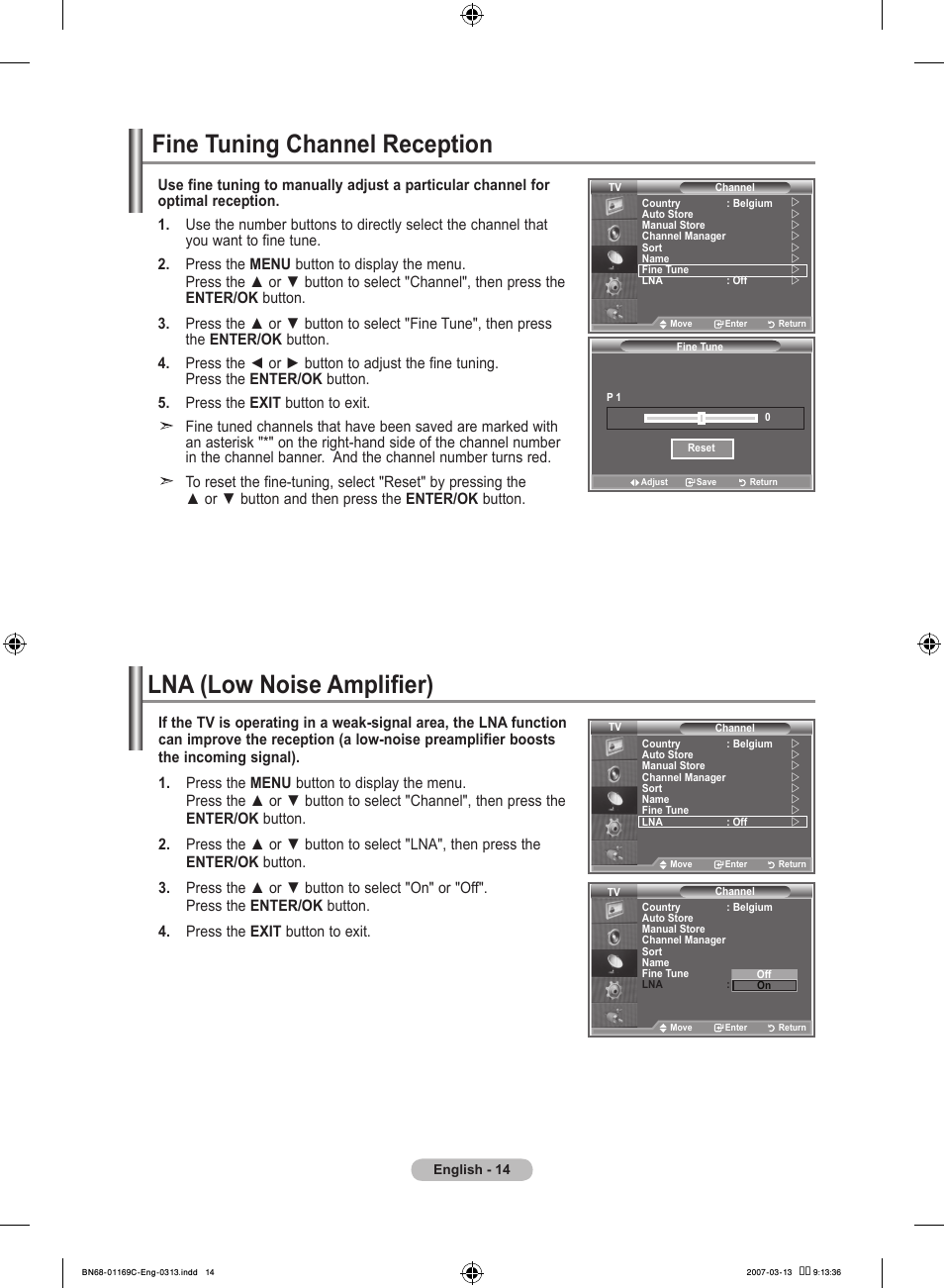 Fine tuning channel reception, Lna (low noise amplifier) | Samsung LE40R88BD User Manual | Page 16 / 560