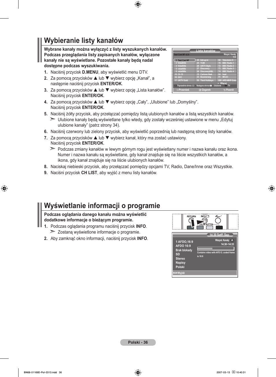 Wybieranie listy kanałów, Wyświetlanie informacji o programie | Samsung LE40R88BD User Manual | Page 162 / 560