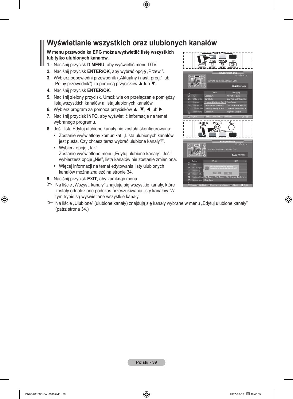 Wyświetlanie wszystkich oraz ulubionych kanałów | Samsung LE40R88BD User Manual | Page 165 / 560