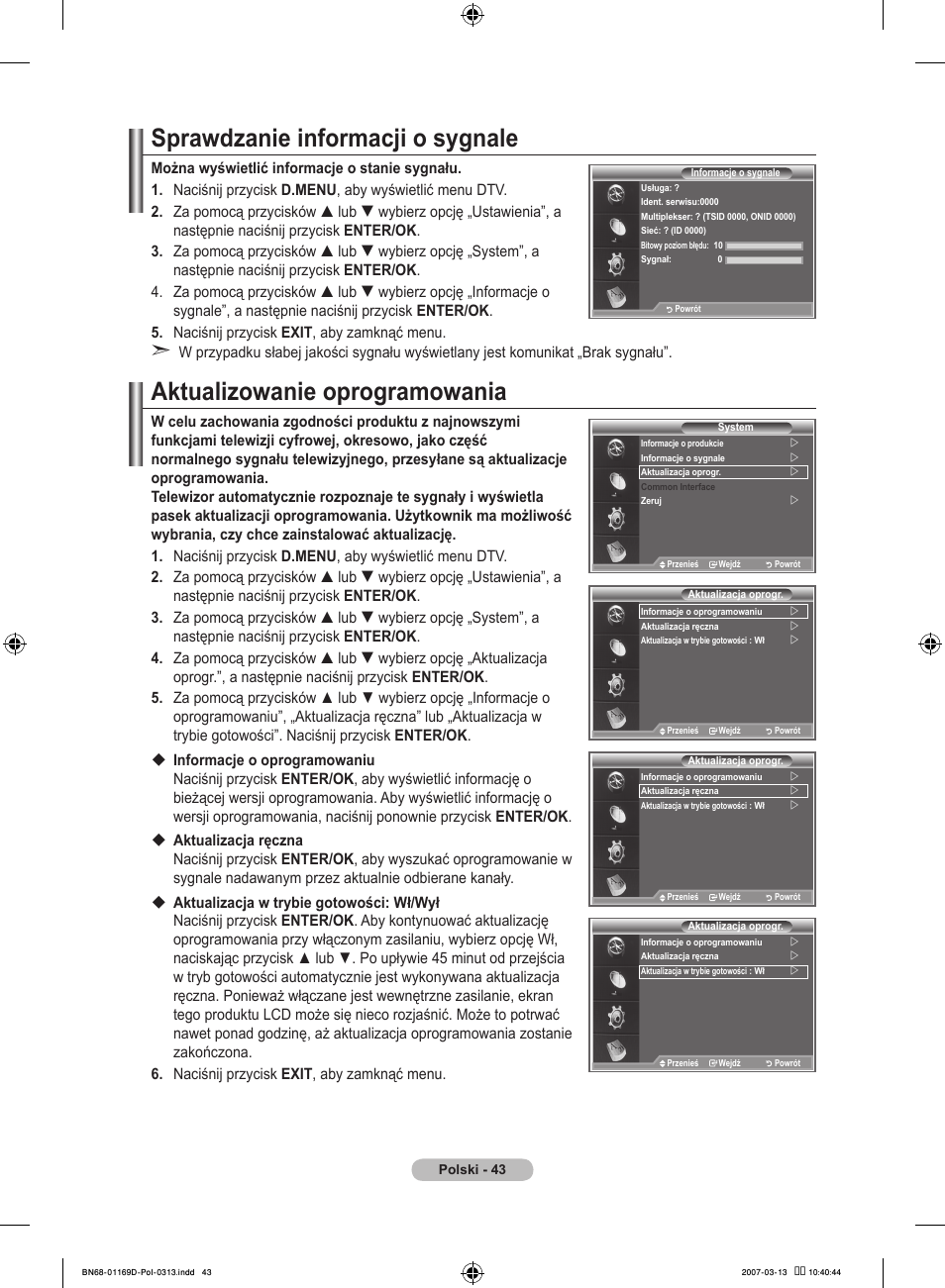 Sprawdzanie informacji o sygnale, Aktualizowanie oprogramowania | Samsung LE40R88BD User Manual | Page 169 / 560