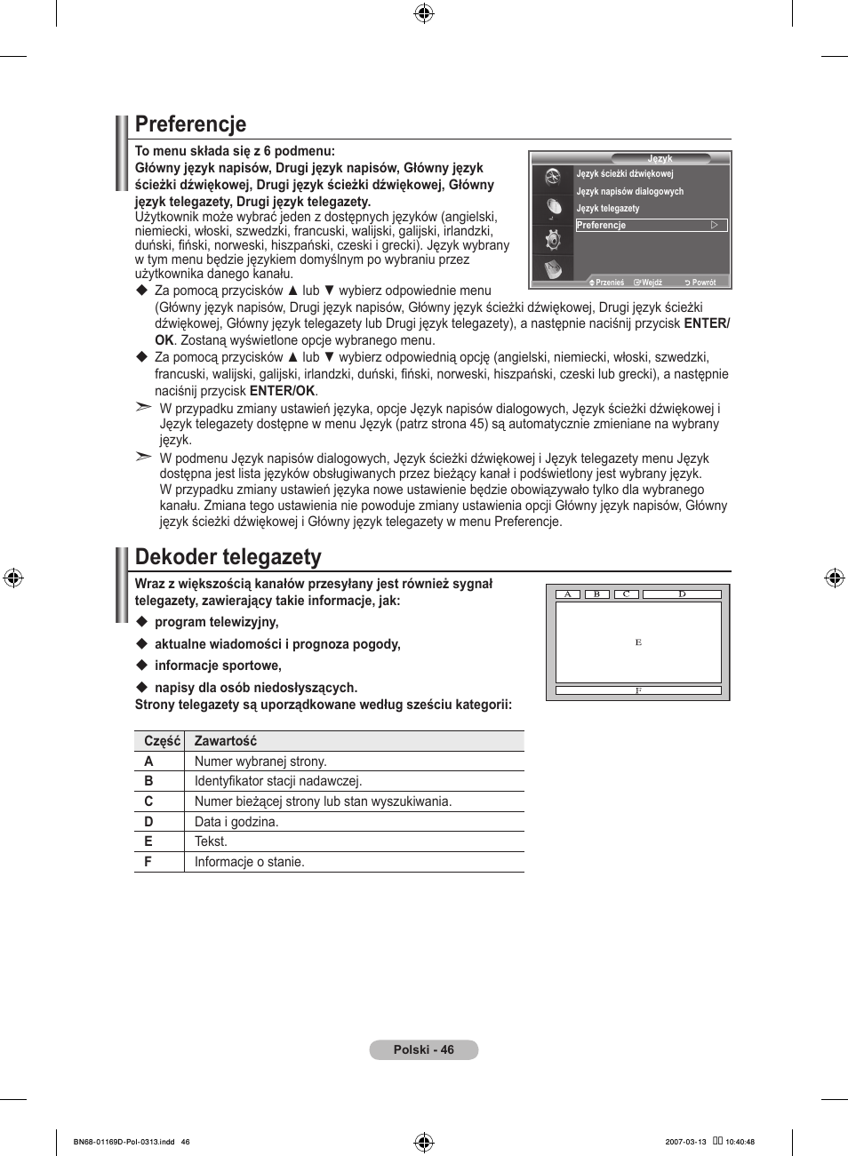 Preferencje, Dekoder telegazety | Samsung LE40R88BD User Manual | Page 172 / 560