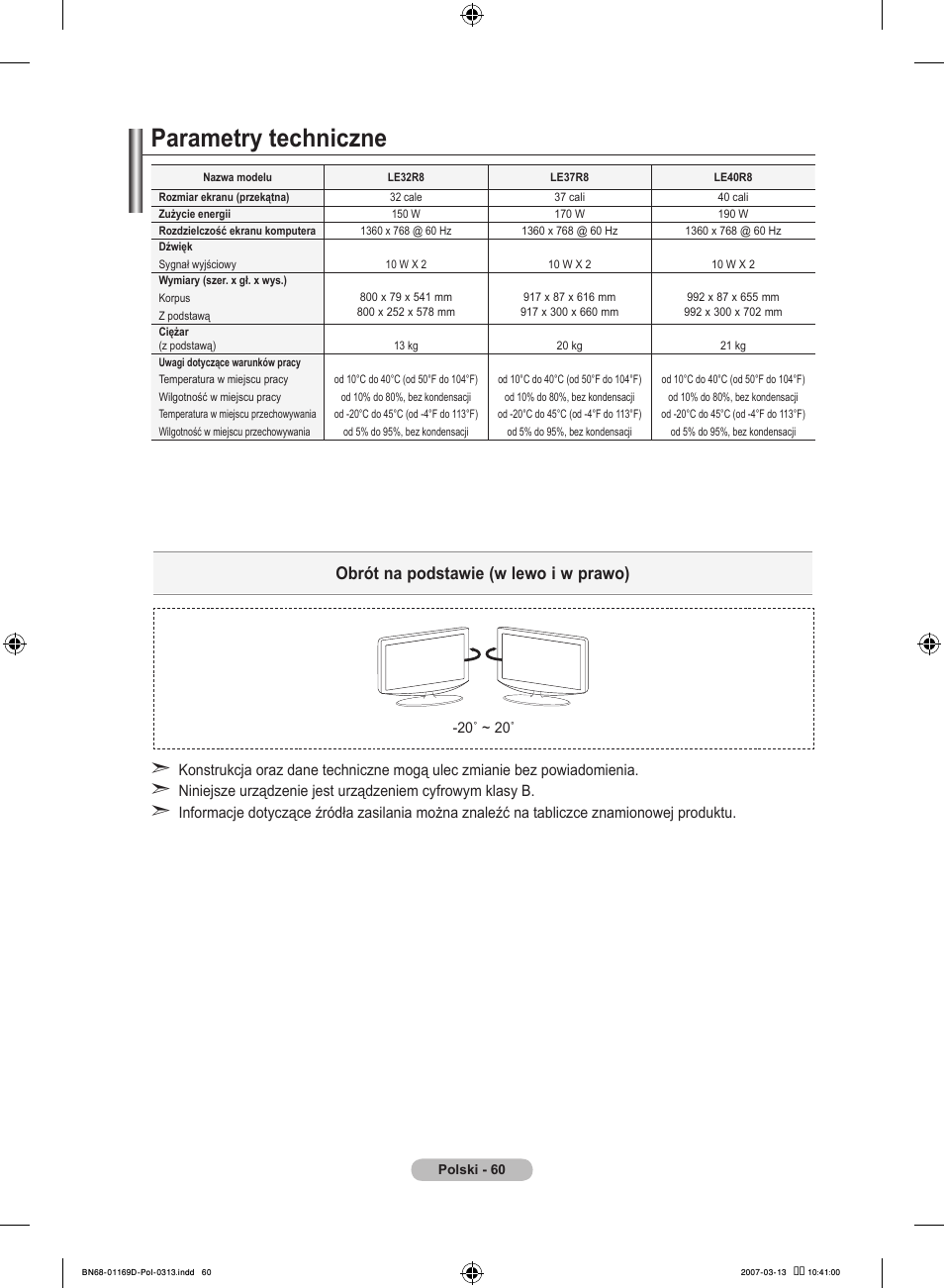 Parametry techniczne, Obrót na podstawie (w lewo i w prawo) | Samsung LE40R88BD User Manual | Page 186 / 560