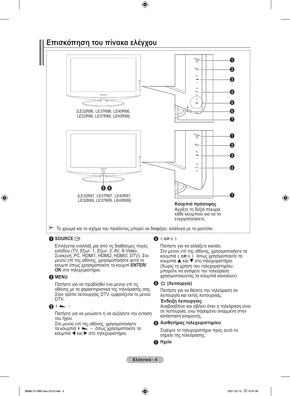 Επισκόπηση του πίνακα ελέγχου | Samsung LE40R88BD User Manual | Page 192 / 560