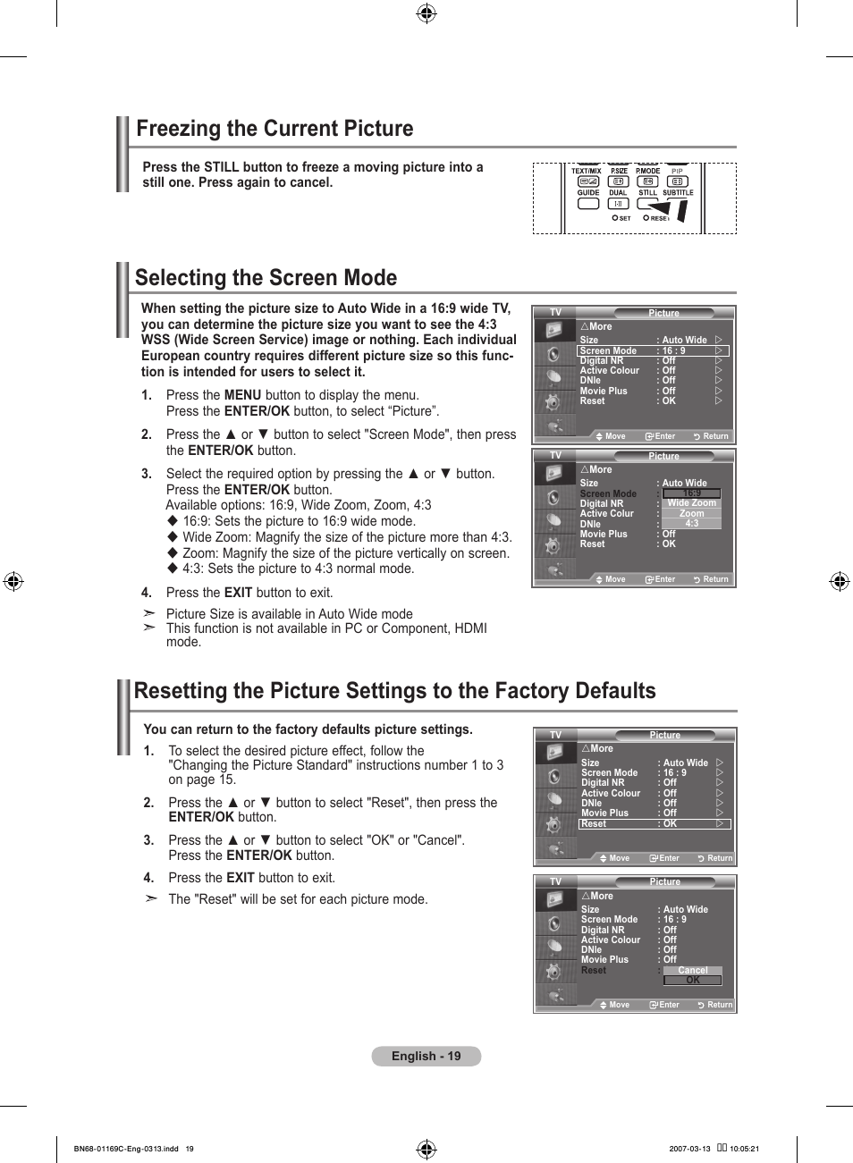 Freezing the current picture, Selecting the screen mode | Samsung LE40R88BD User Manual | Page 21 / 560