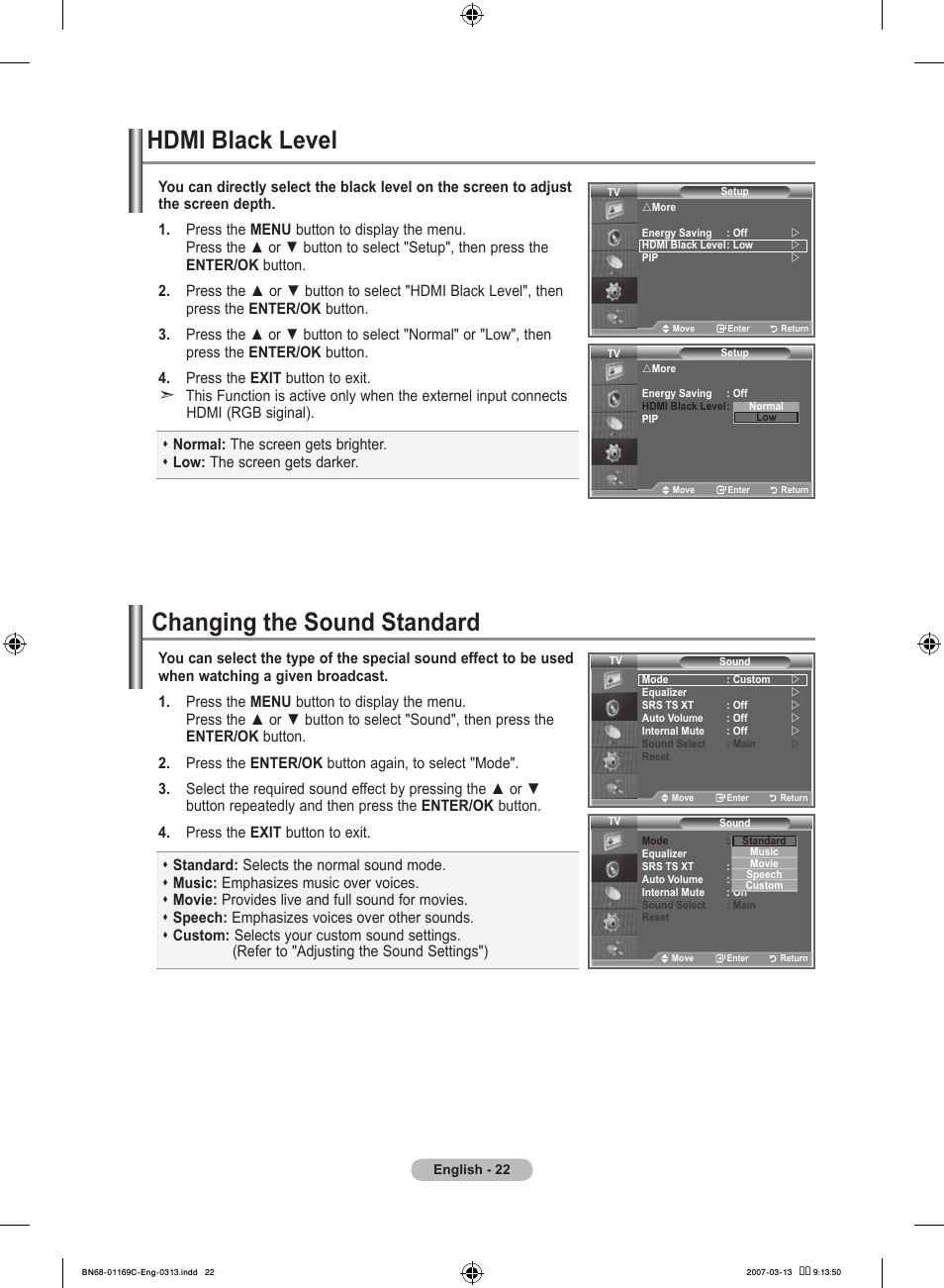 Hdmi black level, Setting the sound, Changing the sound standard | Samsung LE40R88BD User Manual | Page 24 / 560