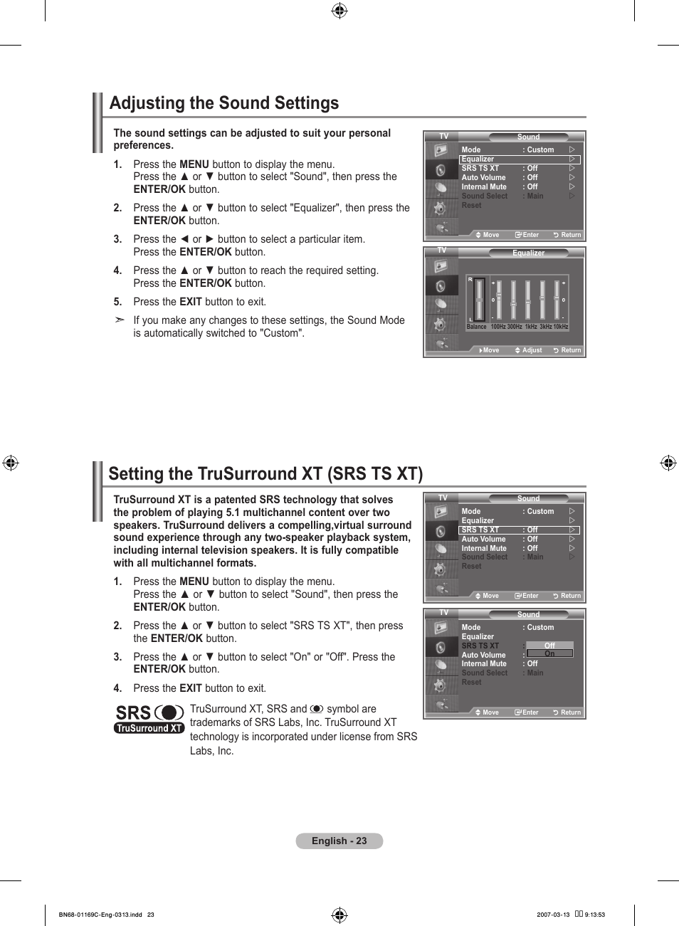 Adjusting the sound settings, Setting the trusurround xt (srs ts xt) | Samsung LE40R88BD User Manual | Page 25 / 560