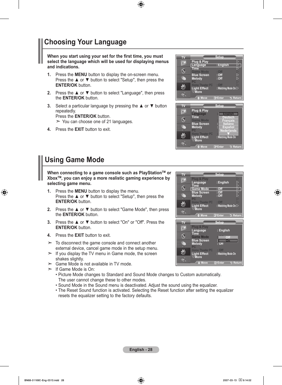 Function description, Choosing your language, Using game mode | Samsung LE40R88BD User Manual | Page 30 / 560