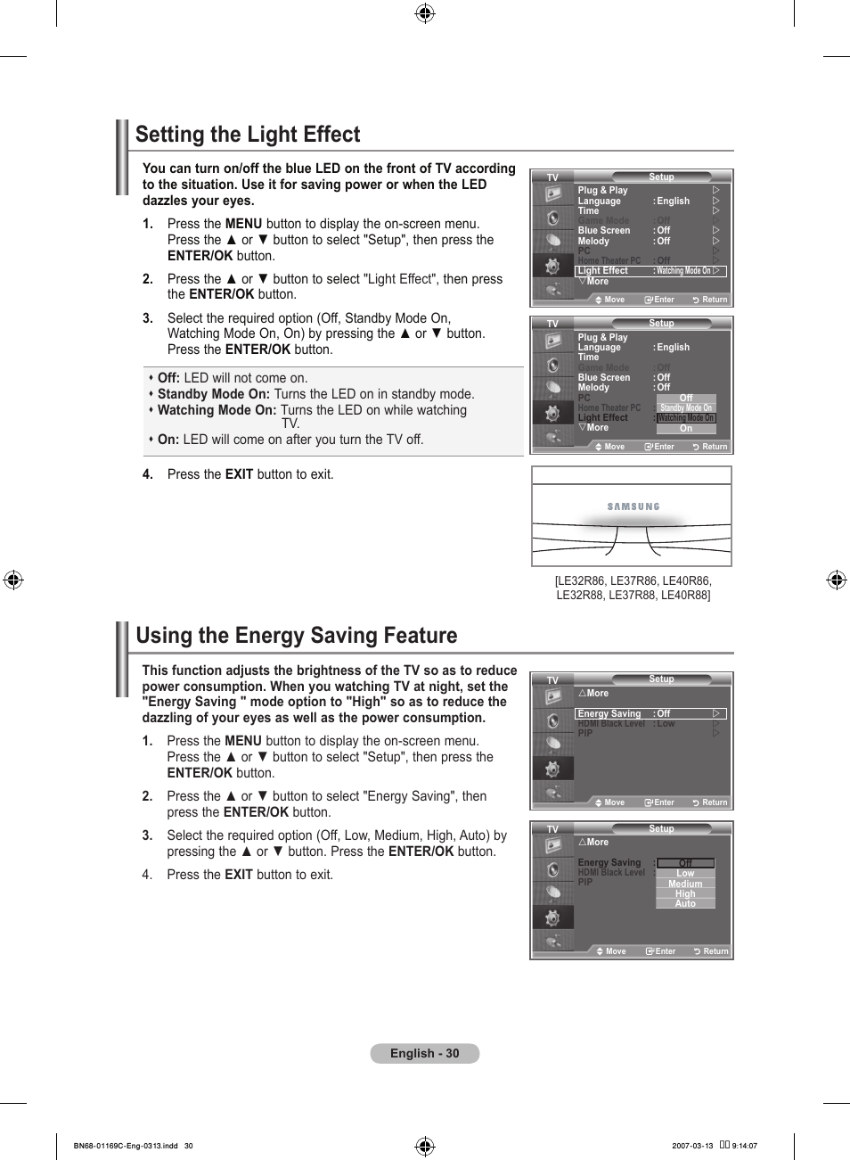 Setting the light effect, Using the energy saving feature | Samsung LE40R88BD User Manual | Page 32 / 560