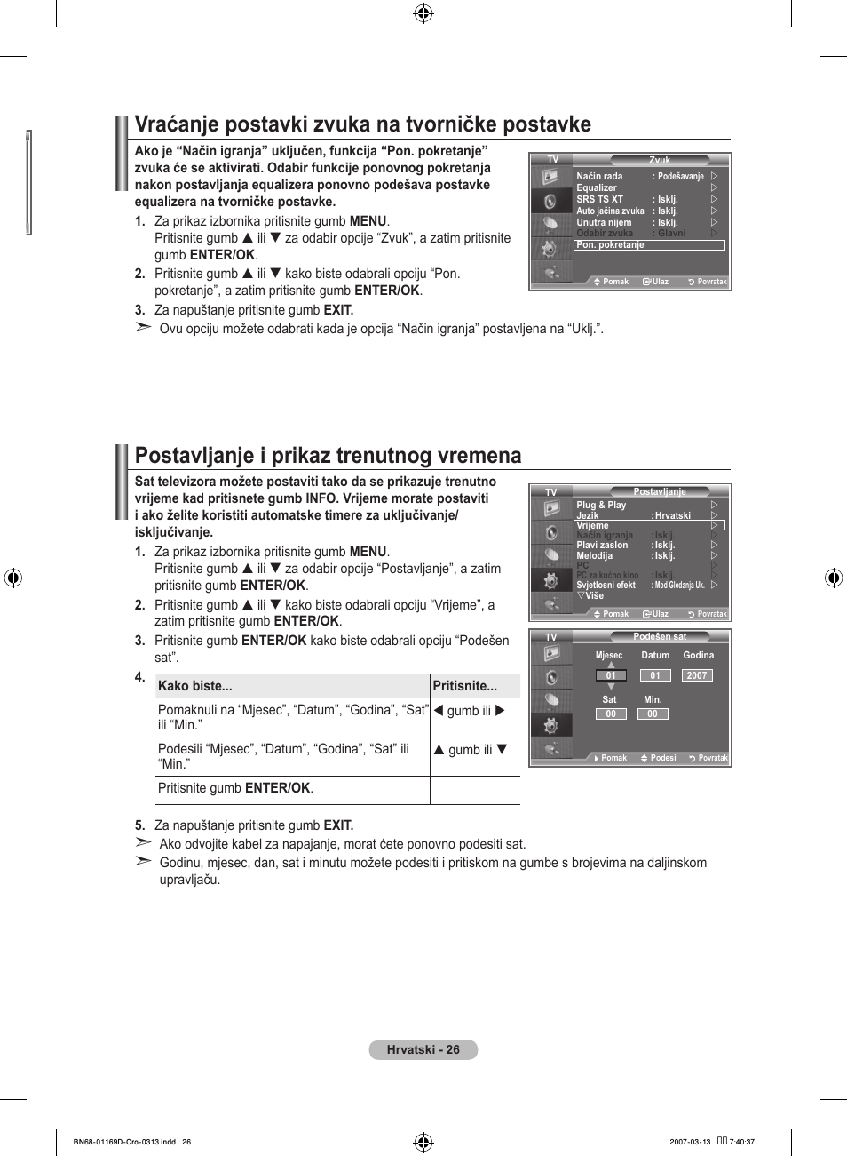 Vraćanje postavki zvuka na tvorničke postavke, Postavljanje i prikaz trenutnog vremena | Samsung LE40R88BD User Manual | Page 338 / 560