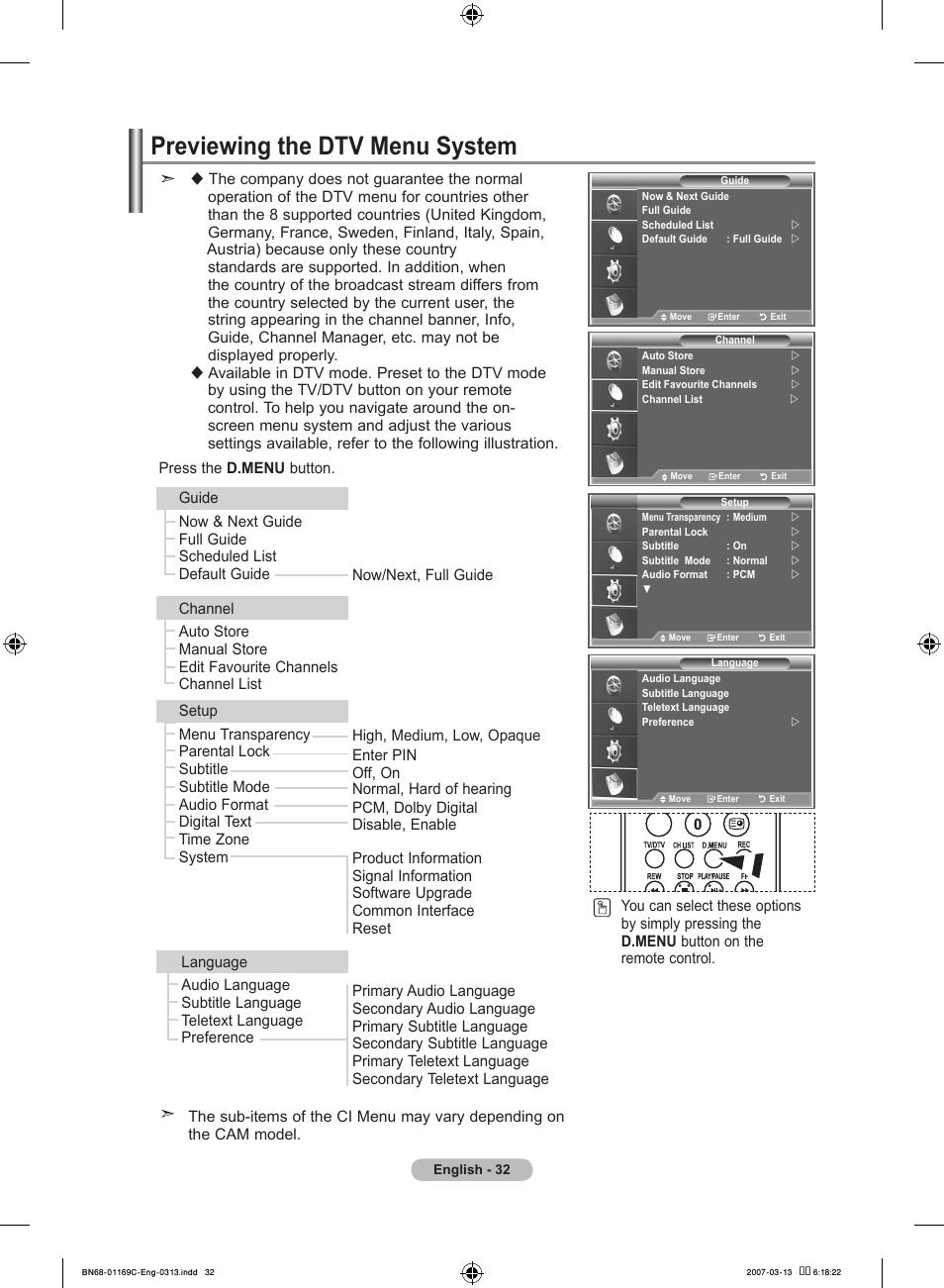 Using the dtv feature, Previewing the dtv menu system | Samsung LE40R88BD User Manual | Page 34 / 560