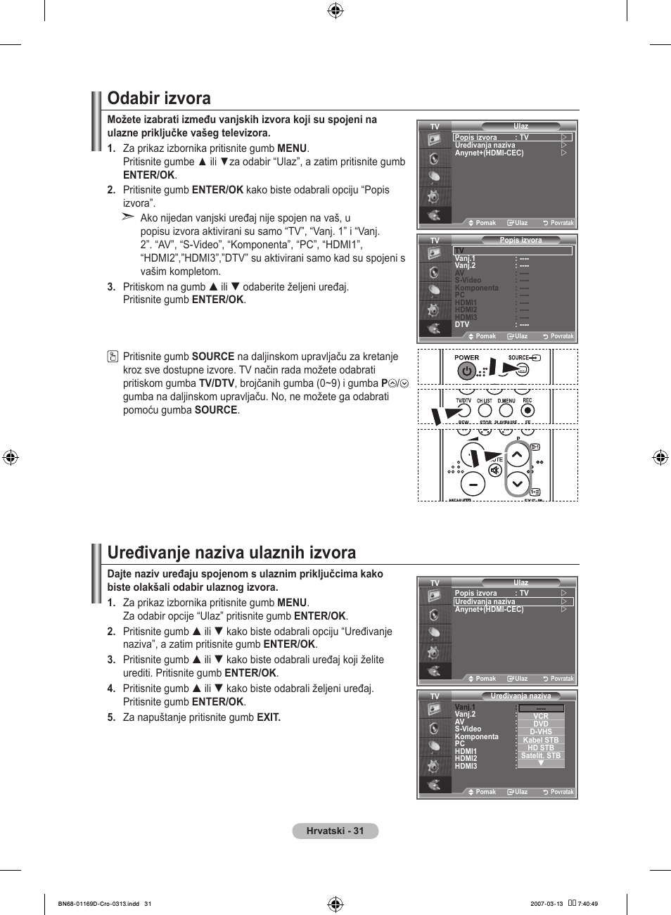 Odabir izvora, Uređivanje naziva ulaznih izvora | Samsung LE40R88BD User Manual | Page 343 / 560