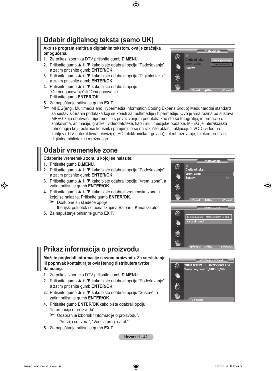 Odabir digitalnog teksta (samo uk), Odabir vremenske zone (samo španjolska), Prikaz informacija o proizvodu | Samsung LE40R88BD User Manual | Page 354 / 560