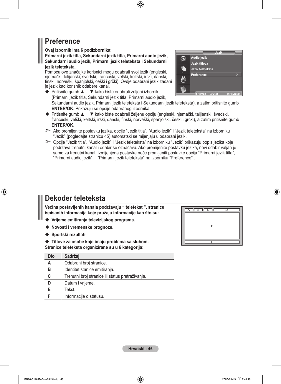 Preference, Dekoder teleteksta | Samsung LE40R88BD User Manual | Page 358 / 560