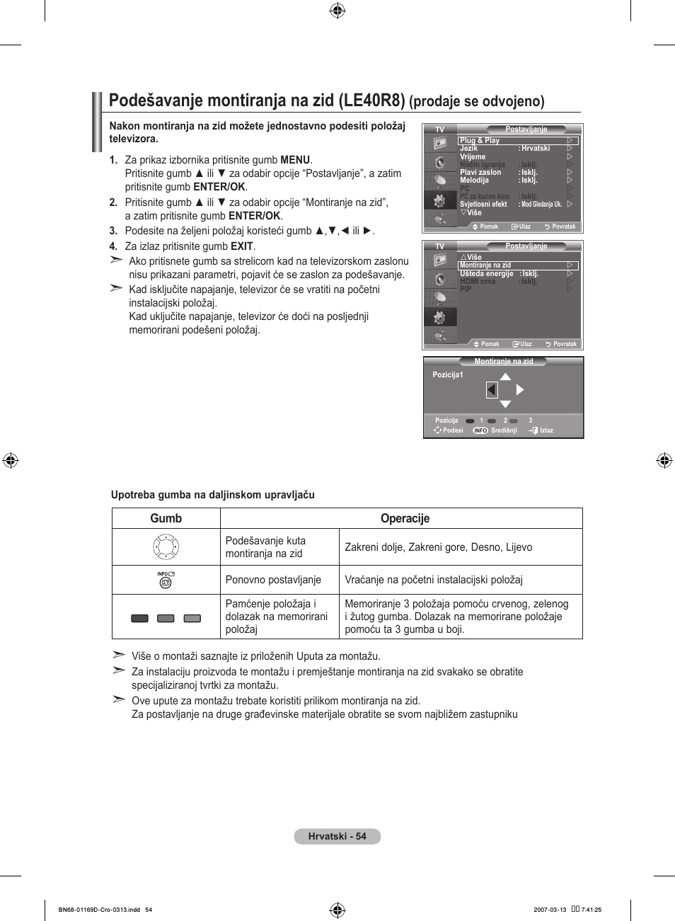 Podešavanje montiranja na zid (le40r8), Prodaje se odvojeno), Gumb operacije | Samsung LE40R88BD User Manual | Page 366 / 560