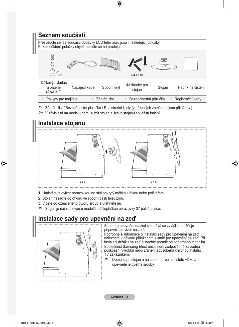 Seznam součástí, Instalace stojanu, Instalace sady pro upevnění na zeď | Samsung LE40R88BD User Manual | Page 377 / 560