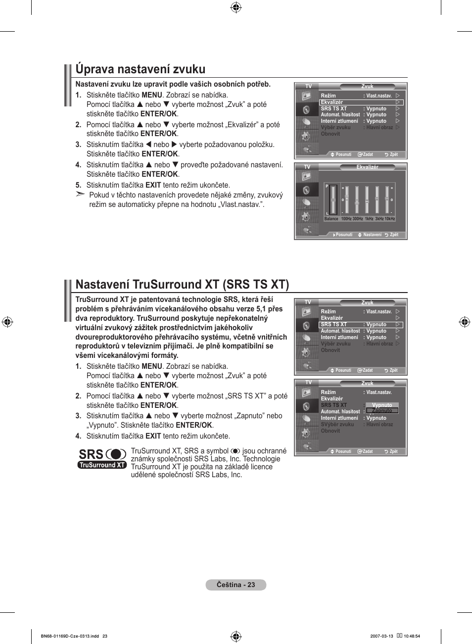 Úprava nastavení zvuku, Nastavení trusurround xt (srs ts xt) | Samsung LE40R88BD User Manual | Page 397 / 560