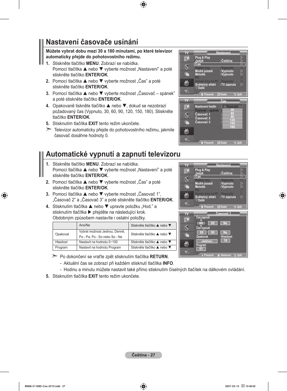 Nastavení časovače usínání, Automatické vypnutí a zapnutí televizoru | Samsung LE40R88BD User Manual | Page 401 / 560