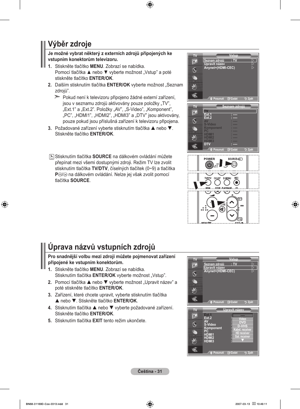 Výběr zdroje, Úprava názvů vstupních zdrojů | Samsung LE40R88BD User Manual | Page 405 / 560