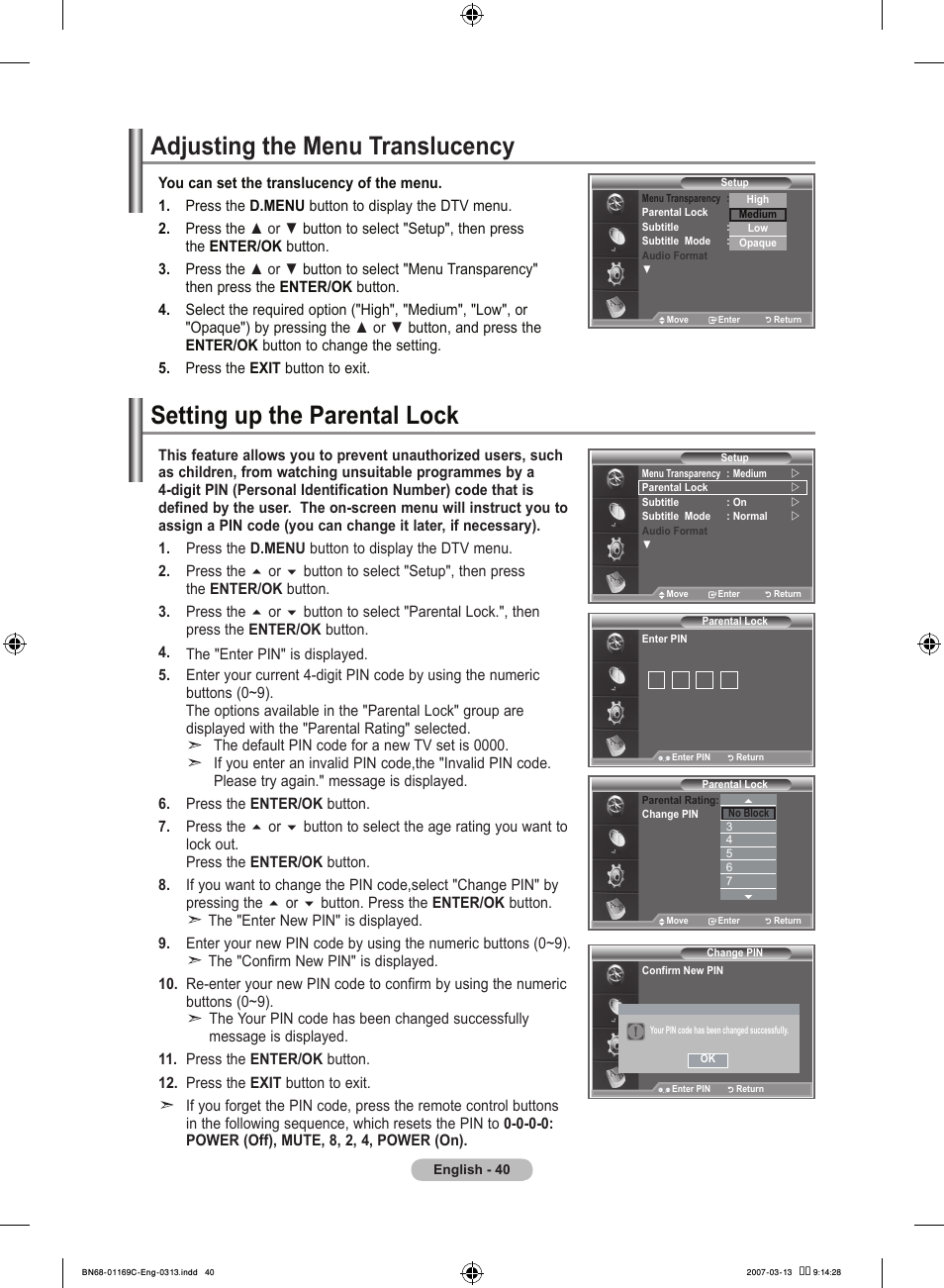 Adjusting the menu translucency, Setting up the parental lock | Samsung LE40R88BD User Manual | Page 42 / 560