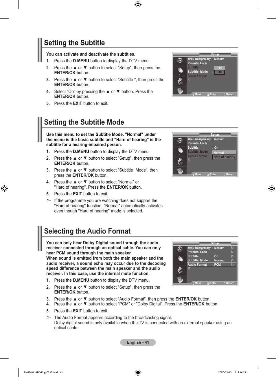 Setting the subtitle, Setting the subtitle mode, Selecting the audio format | Samsung LE40R88BD User Manual | Page 43 / 560